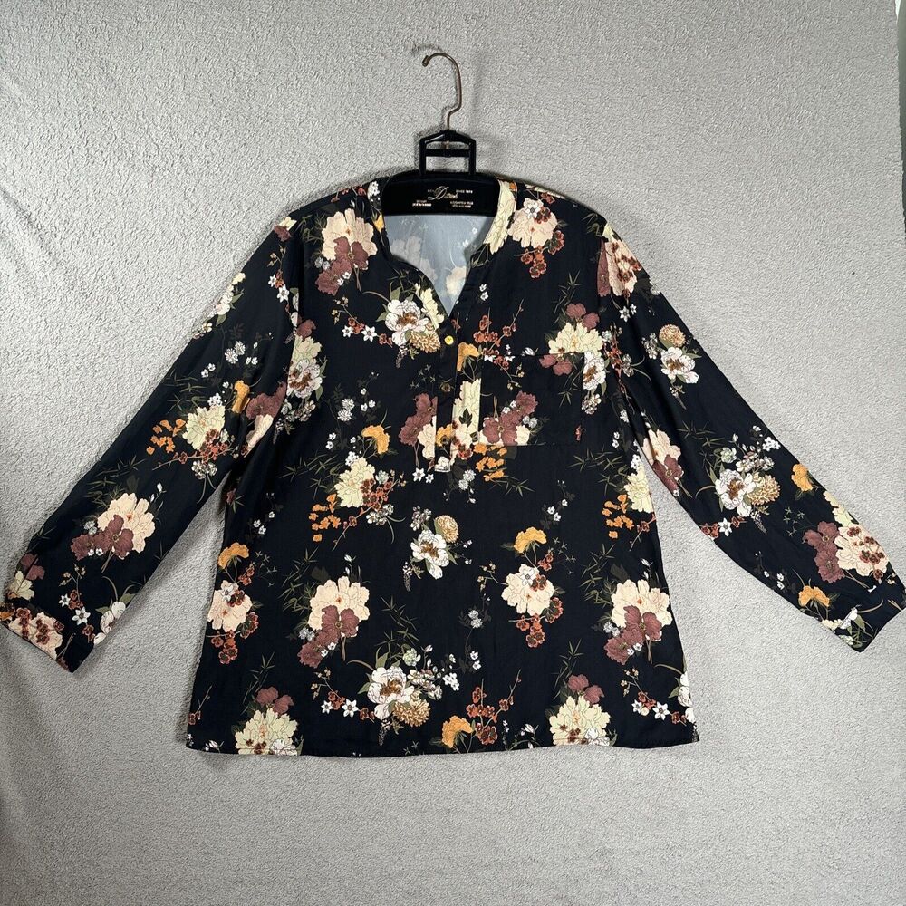Cacharel Paris Floral Print Tunic Top Semi‎ Sheer Black Size XL Long Sleeve
